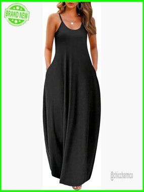 Maxi Dress with Pockets Adjustable Spaghetti Strap Plus Size Loose Floor Length